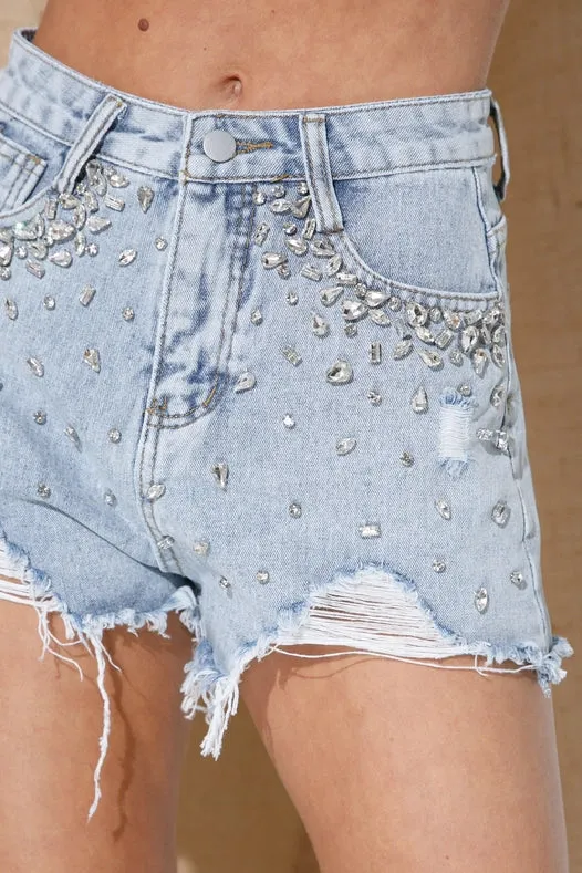 Studded Rhinestone Frayed Denim Shorts Denim
