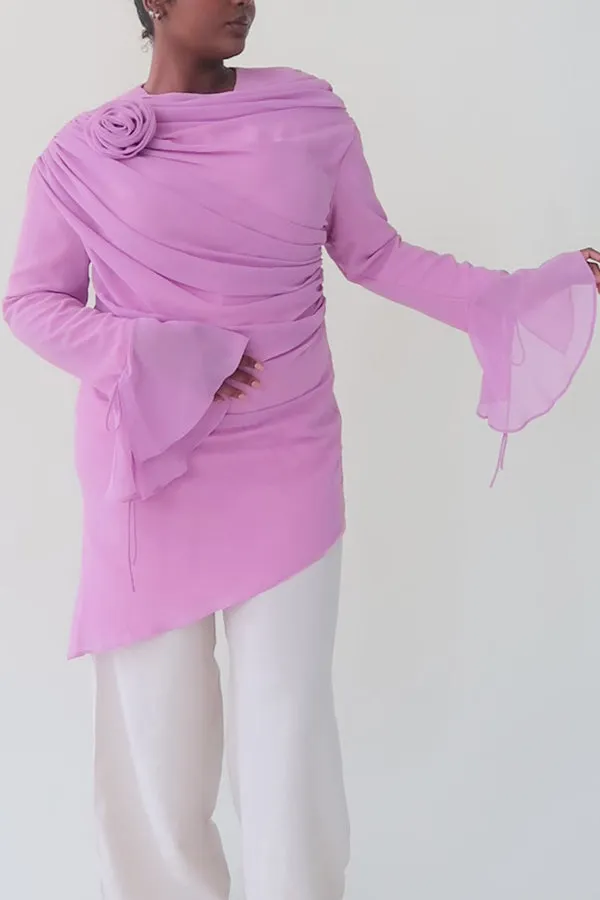 Stylish Asymmetrical Hem Bell Sleeve Top
