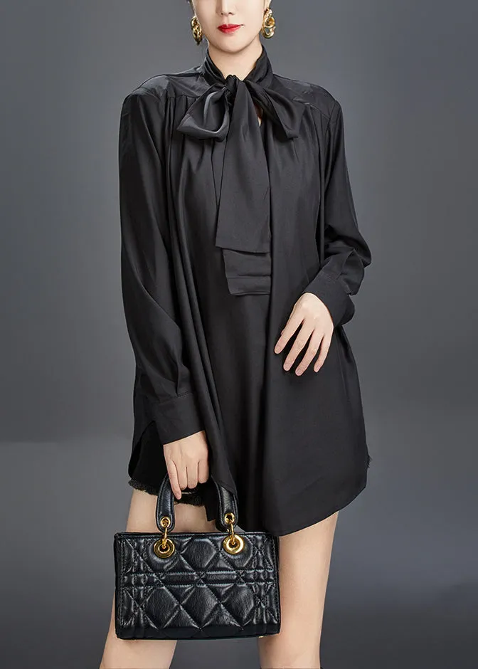 Stylish Black Bow Solid Cotton Fall Blouses AJ1014