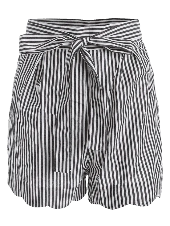 Trendy Belted Scalloped Stripes Shorts