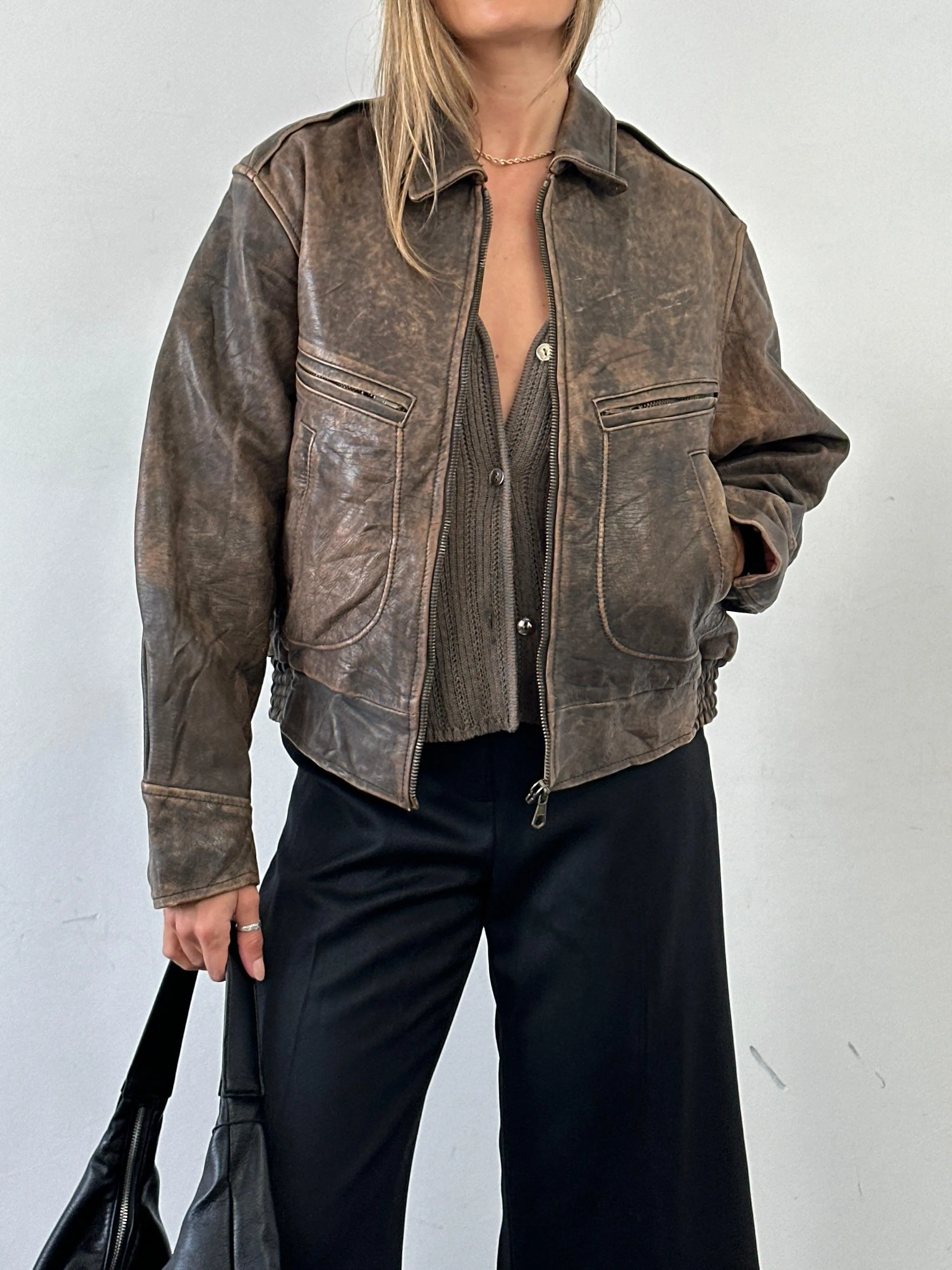 Vintage Distressed Leather Bomber Jacket - M/L