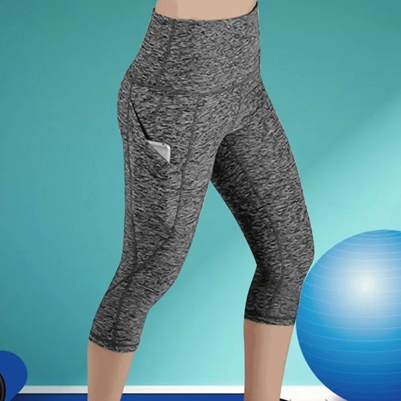 Wjczt Leggings 3/4 Pants Female Capri Casual Pant Sporting Fitness High Waist Pants Side Pockets Design Sporting Leggings
