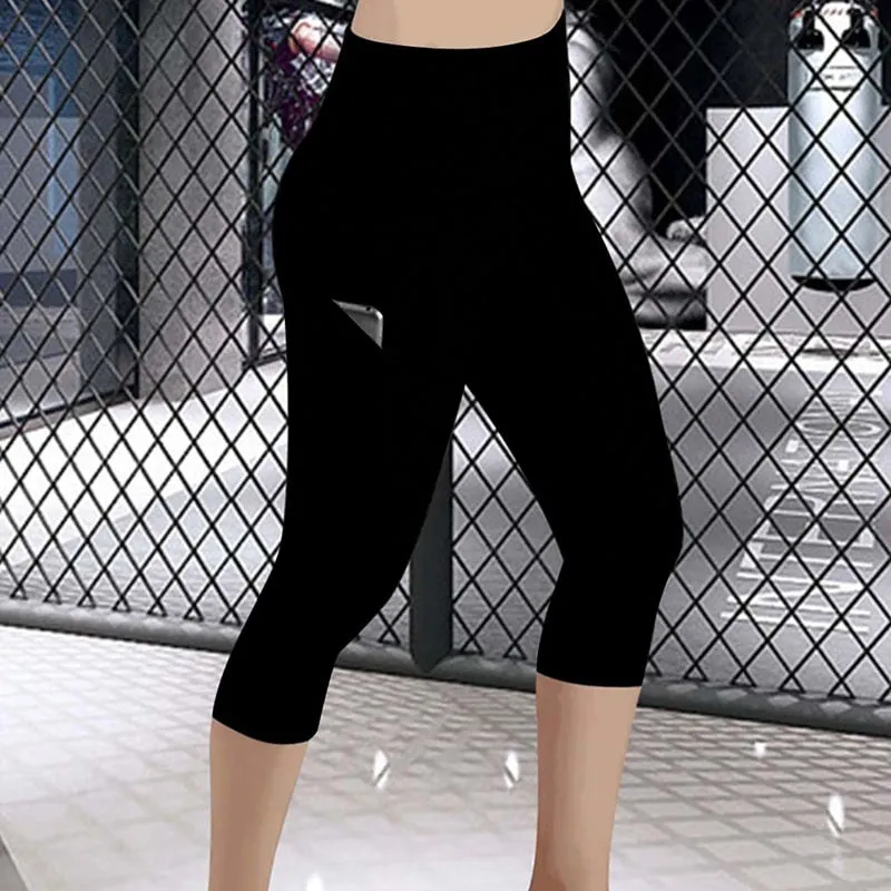 Wjczt Leggings 3/4 Pants Female Capri Casual Pant Sporting Fitness High Waist Pants Side Pockets Design Sporting Leggings
