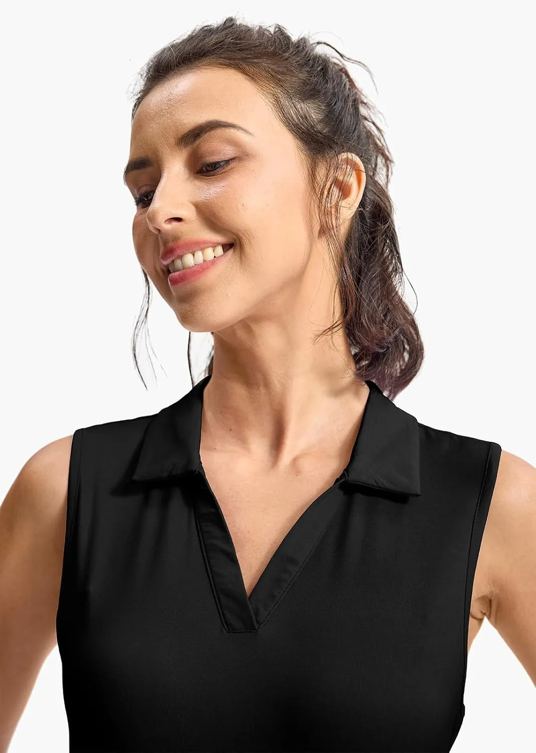 YSENTO Women's V-Neck Collared Golf Tennis Shirts Sleeveless UPF 50  Quick Dry Polo Shirts Tops Split Hem